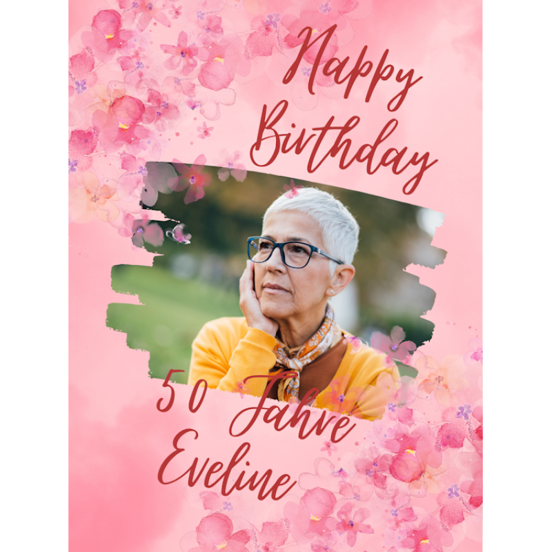 Happy Birthday rosarote Blumen mit Foto